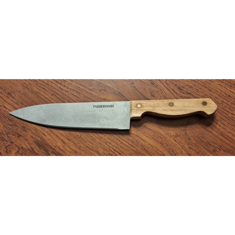 Vintage FARBERWARE Stainless Chef Knife Wood Handle 8" Blade, 13" Overall